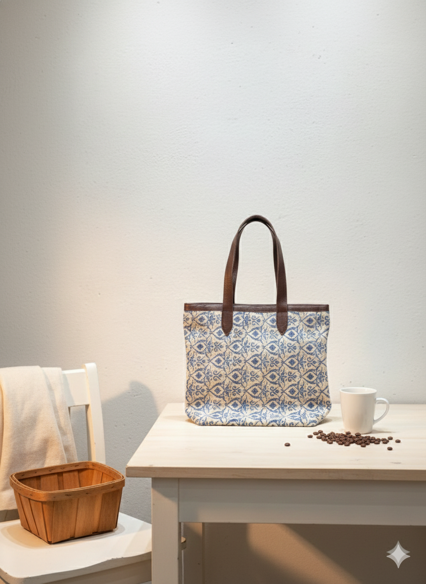 Grey Ethnic Print Cotton Tote Bag for Women