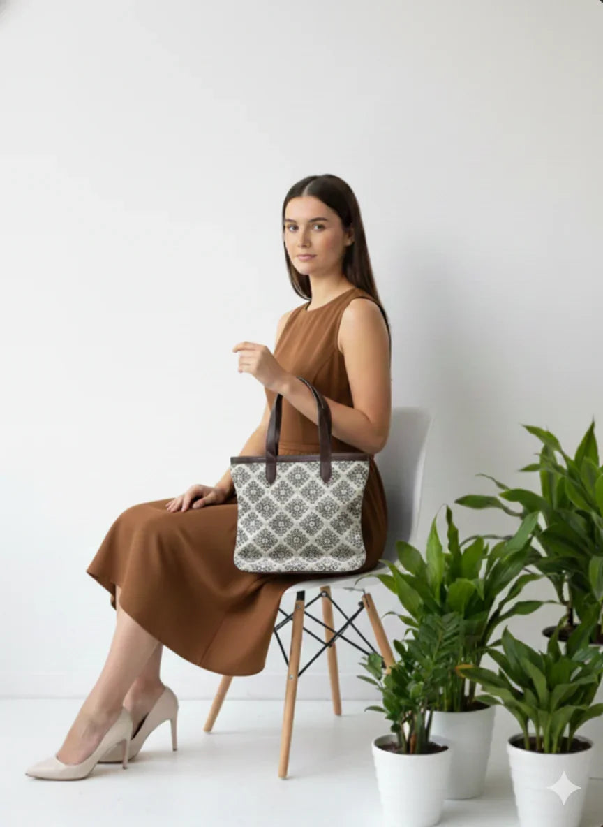Beige Floral print Cotton Tote bag for Women - SanskrutiHomes