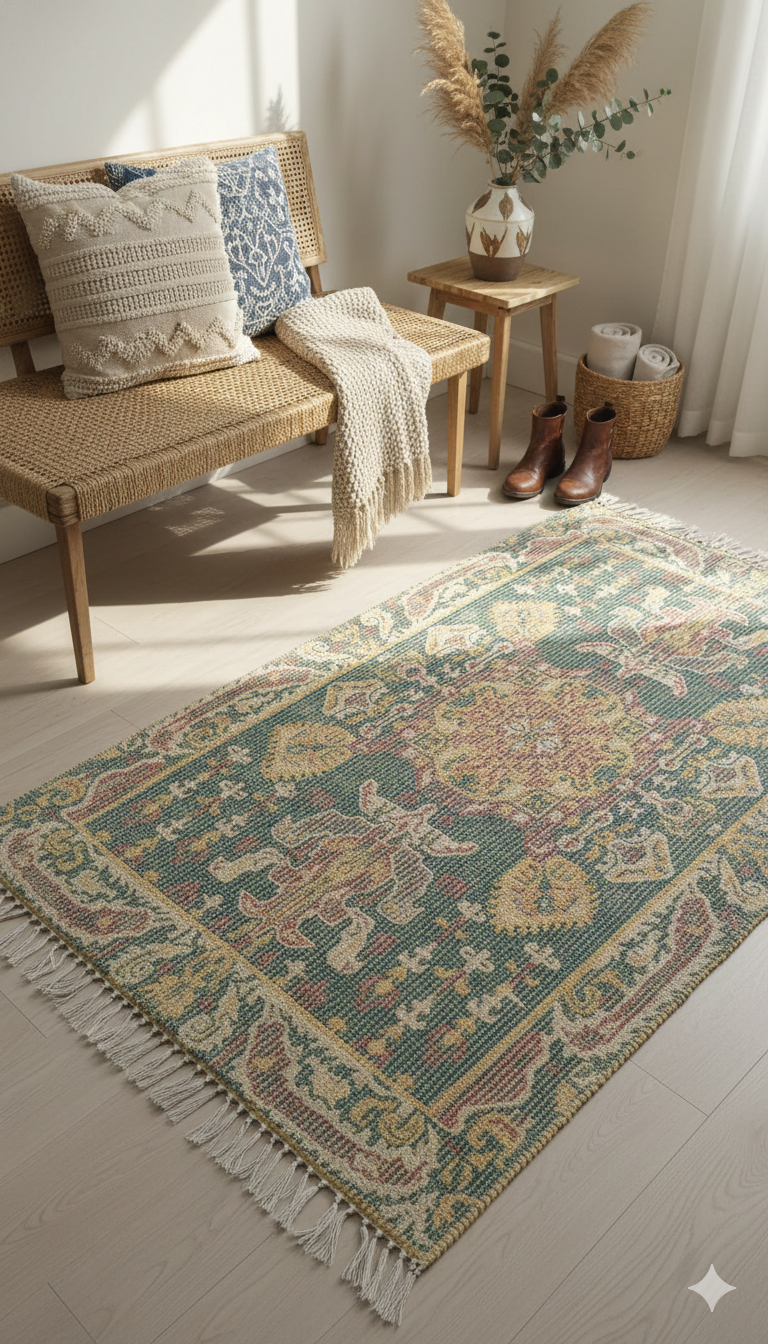 Sage Green Digital Geometric Print with fringed edges Rug