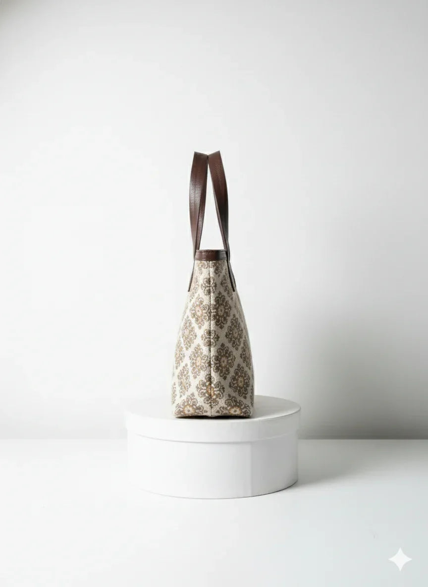 Beige Floral Print with Brown Handle Cotton Tote bag for Women - SanskrutiHomes