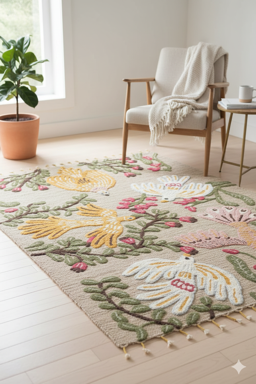 Multi Color Floral Print Woven Cotton Jute tufted Rug