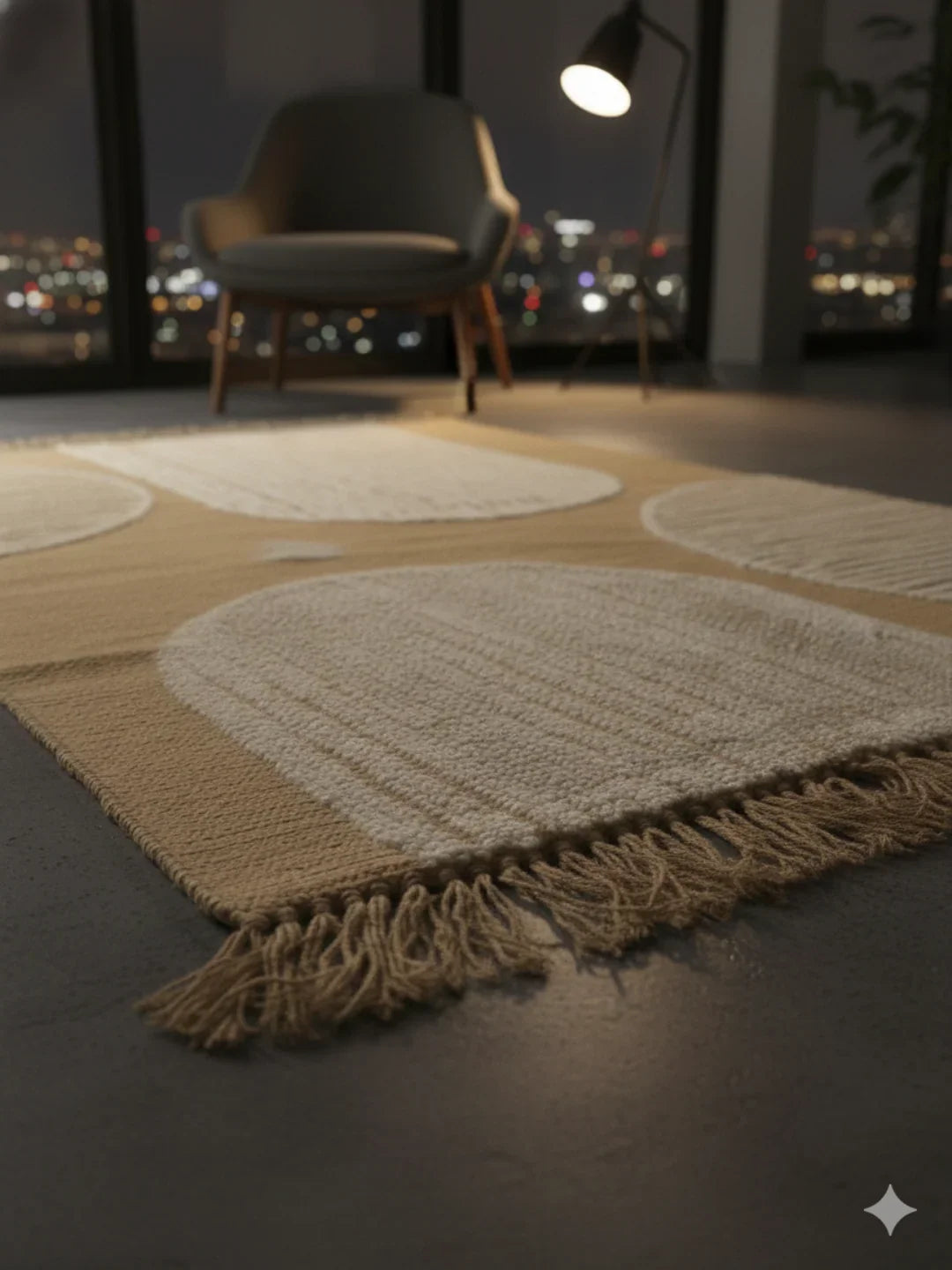 Beige Abstract Arch Tufted Cotton Jute Rug with Fringed Edges - SanskrutiHomes