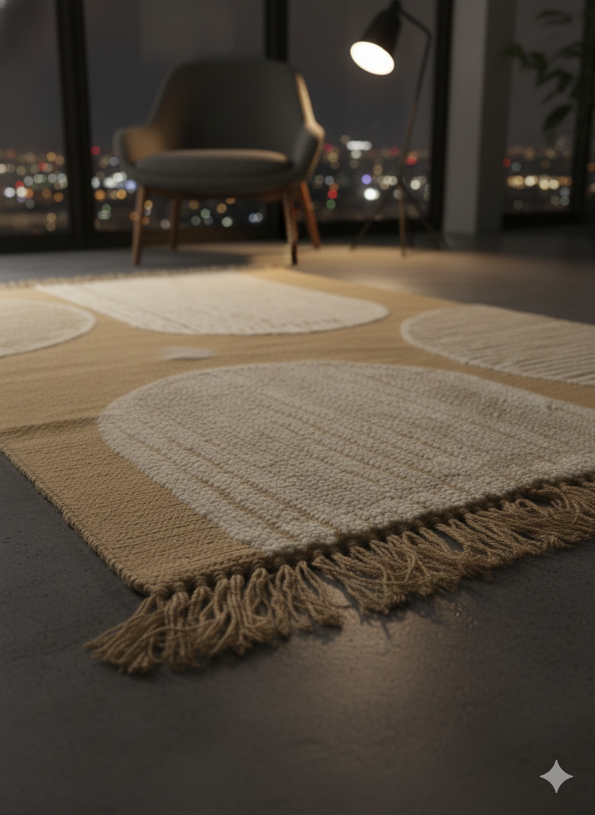Beige Abstract Arch Tufted Cotton Jute Rug with Fringed Edges - SanskrutiHomes