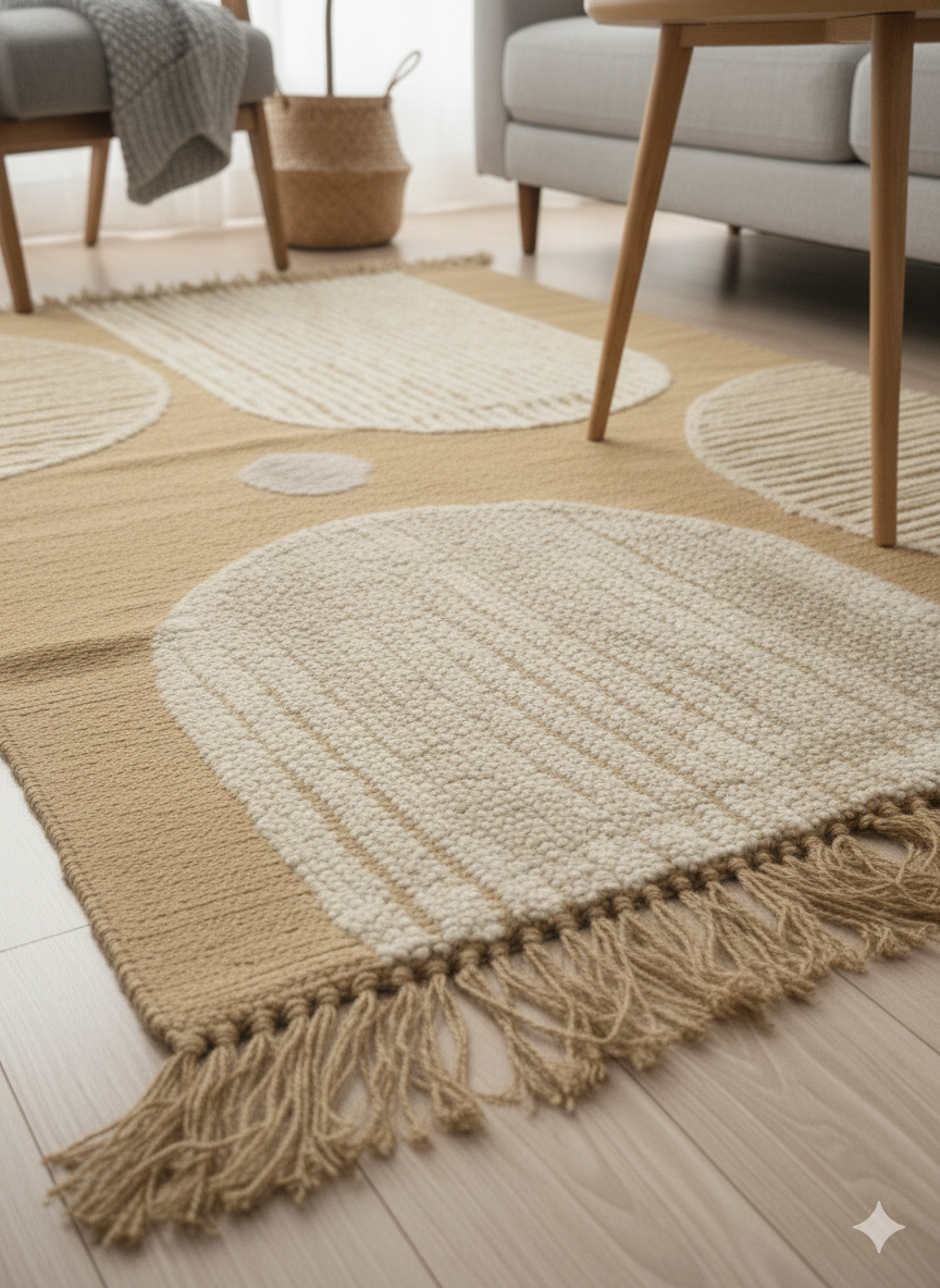 Beige Abstract Arch Tufted Cotton Jute Rug with Fringed Edges - SanskrutiHomes