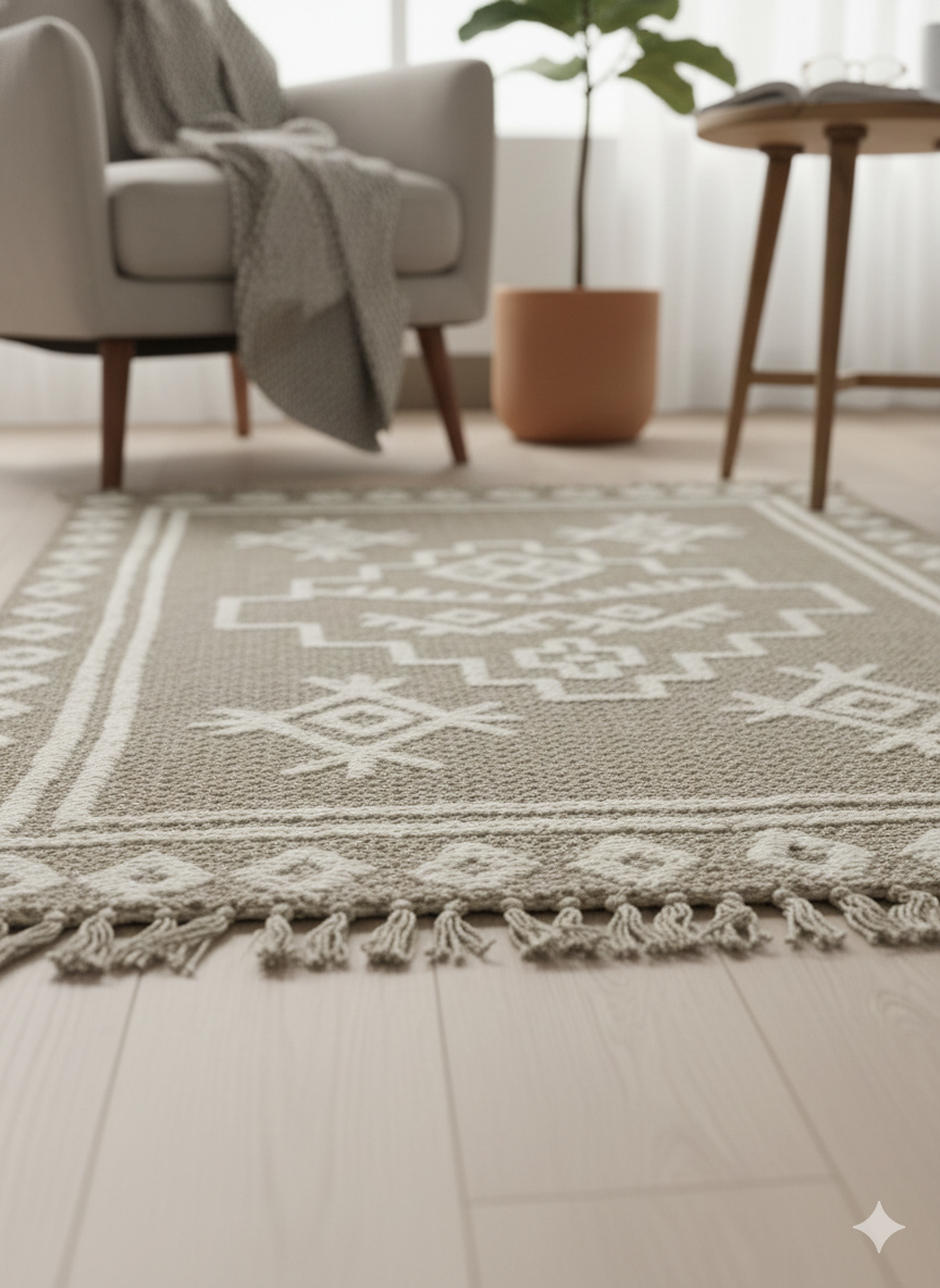 Grey Tribal Geometric Woven Cotton Jute Rug with Fringed Edges - SanskrutiHomes