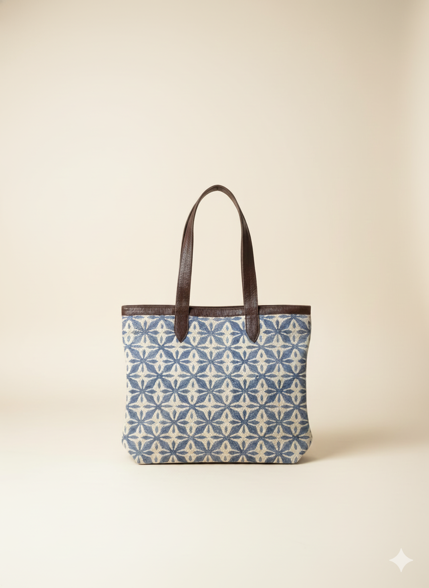 Blue Geometric floral Print Cotton Tote Bag for Women