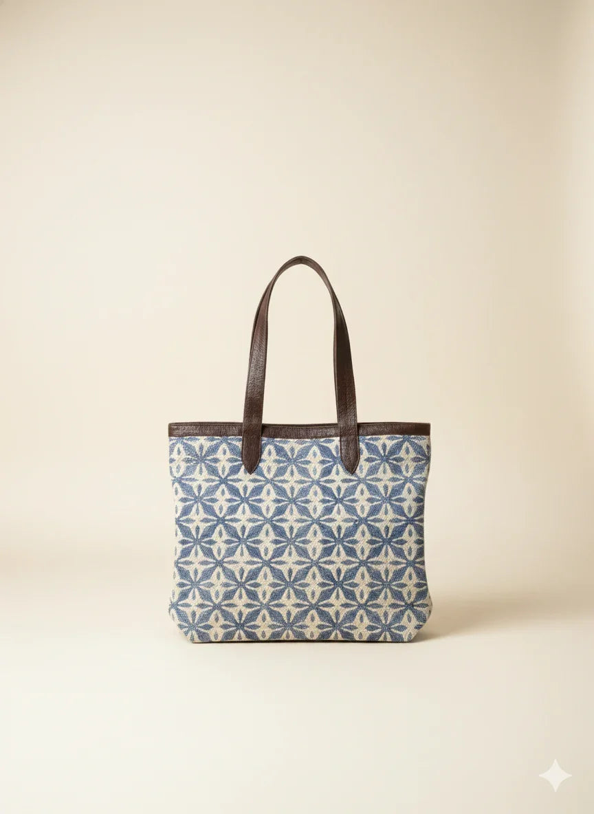 Blue Geometric floral Print Cotton Tote Bag for Women - SanskrutiHomes