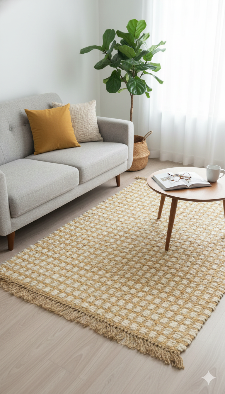 Brown Checks Print Woven Cotton Jute fringed edges Rug