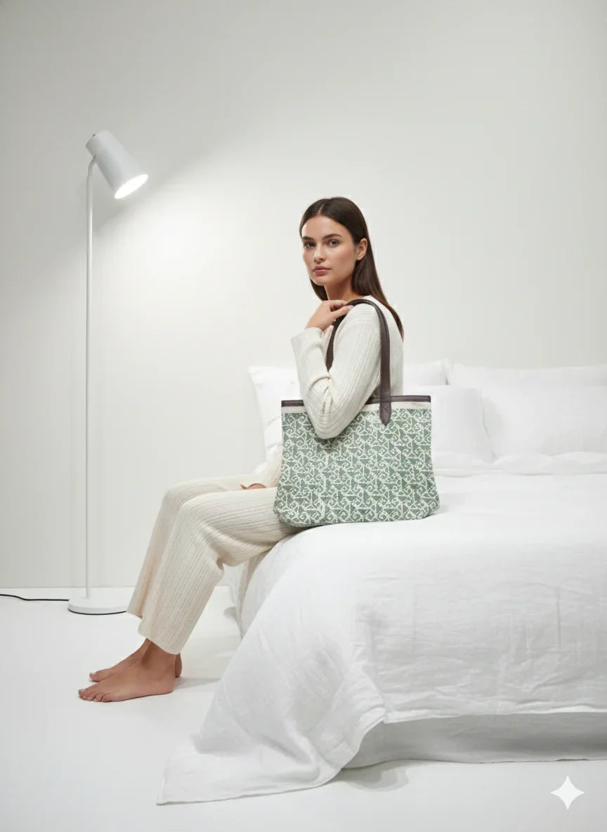 Green Geometric Print Cotton Tote Bag For Women - SanskrutiHomes