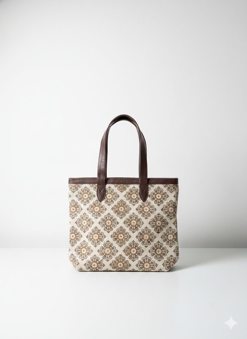 Beige Floral Print with Brown Handle Cotton Tote bag for Women