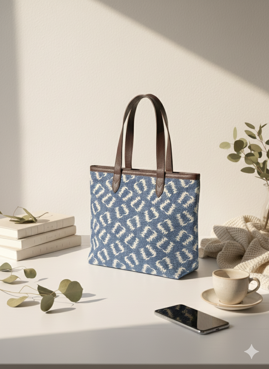 Blue Geometric Print with Brown Handle Cotton Tote Bag for Women