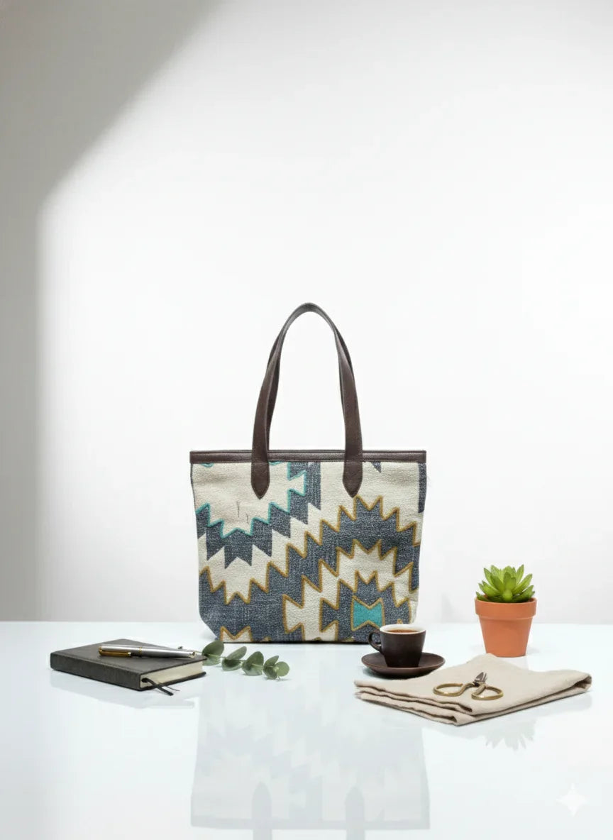 Multi color Geometric Print with Brown Handle Tote Bag for Women - SanskrutiHomes