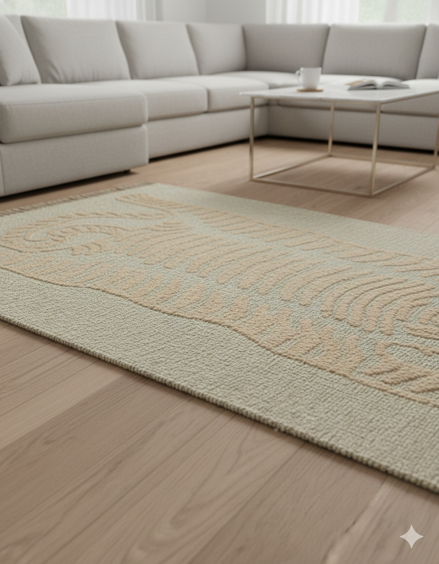 Beige Tiger Motif Tufted Cotton Jute Rug with Fringed Edges