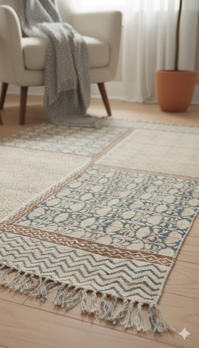 Beige Block Print Cotton With Tassels Rug