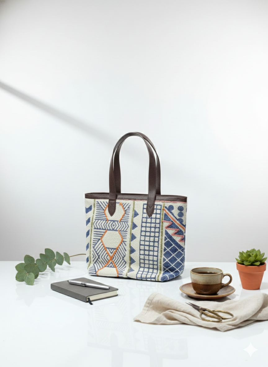 White Geometric Print Cotton Tote Bag with Brown Shoulder Straps for Women