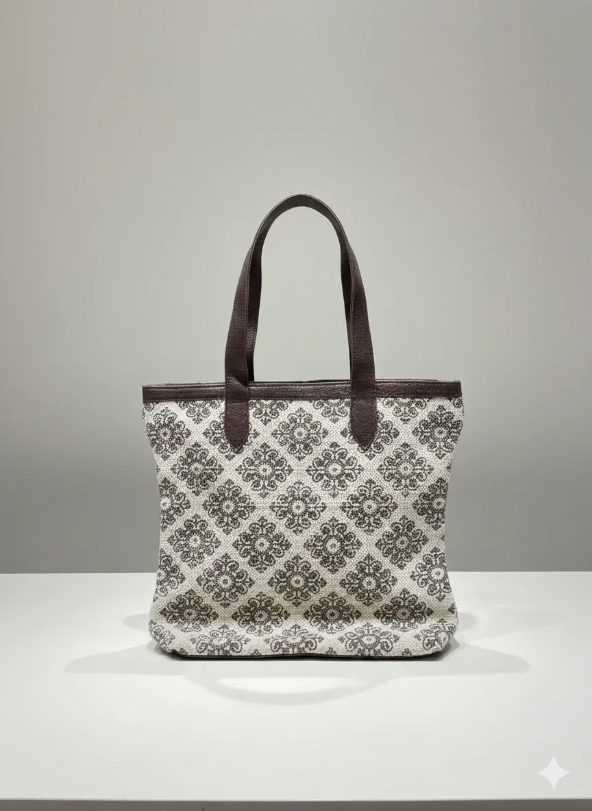Brown Floral Print Cotton Tote Bag for Women - SanskrutiHomes