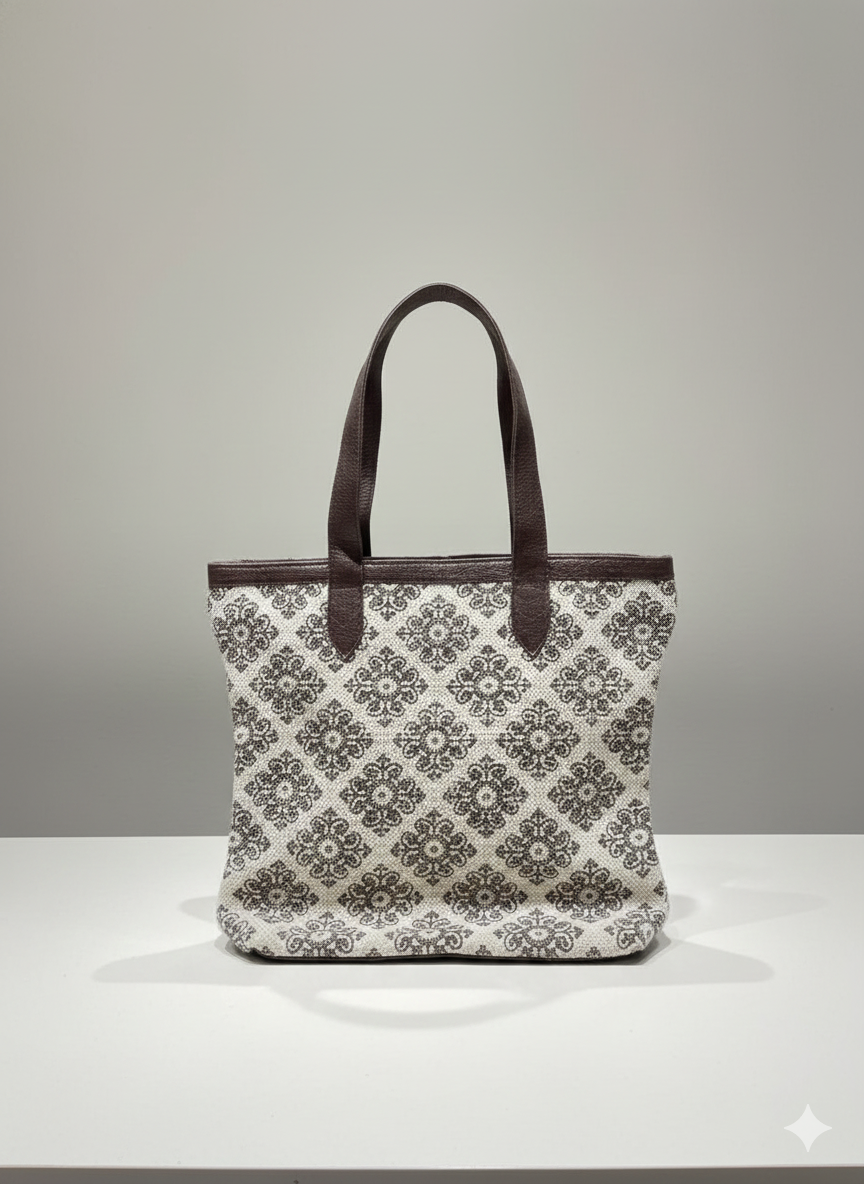 Brown Floral Print Cotton Tote Bag For Women