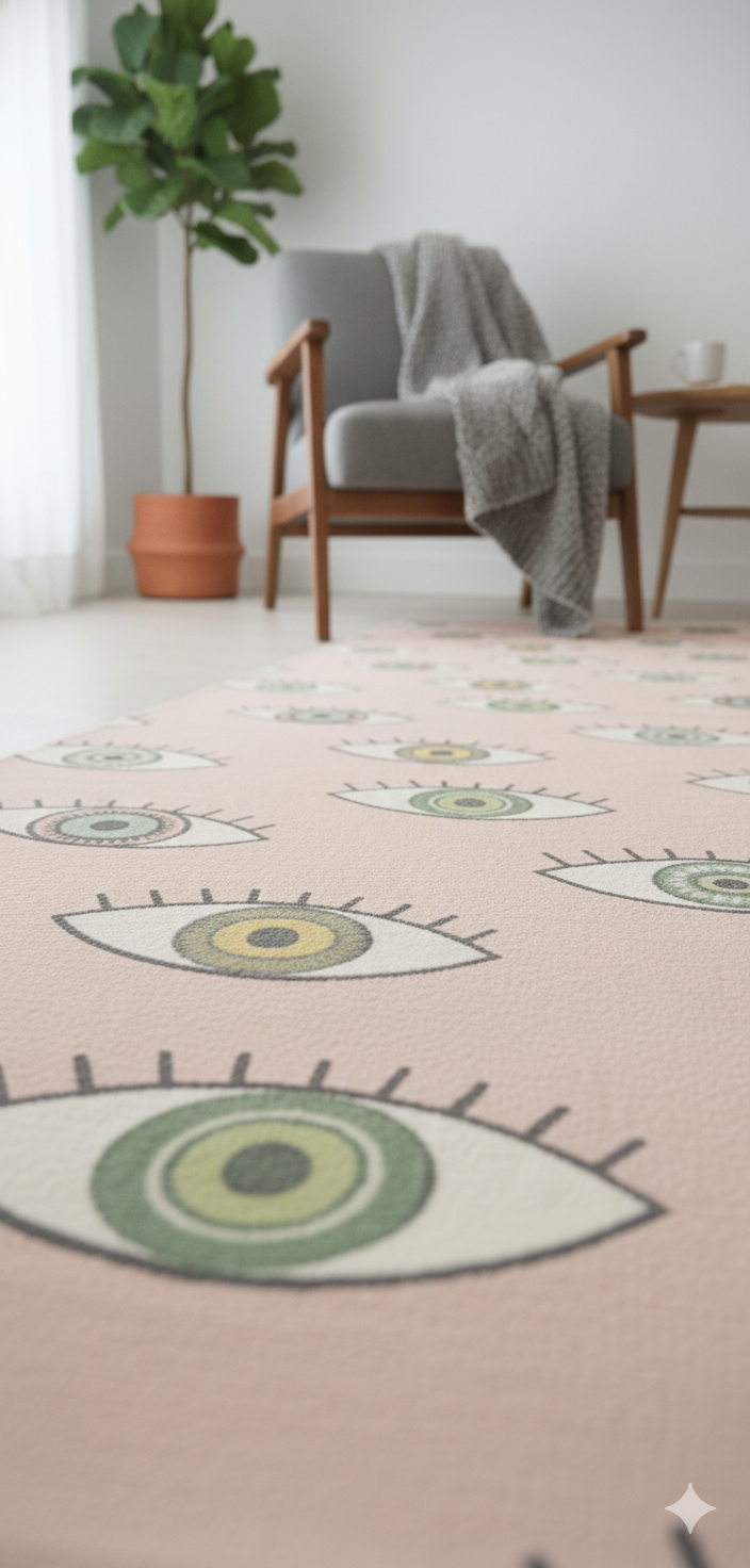 Peach Evil Eye Printed Cotton Runner Rug - SanskrutiHomes