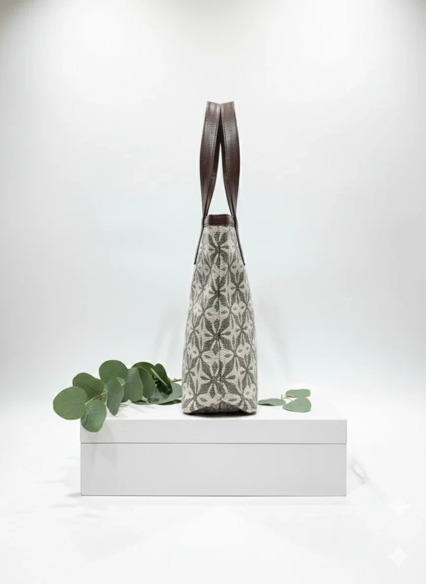 Coffee Brown Geometric Print With brown Shoulder Straps Cotton Tote Bag for Women - SanskrutiHomes