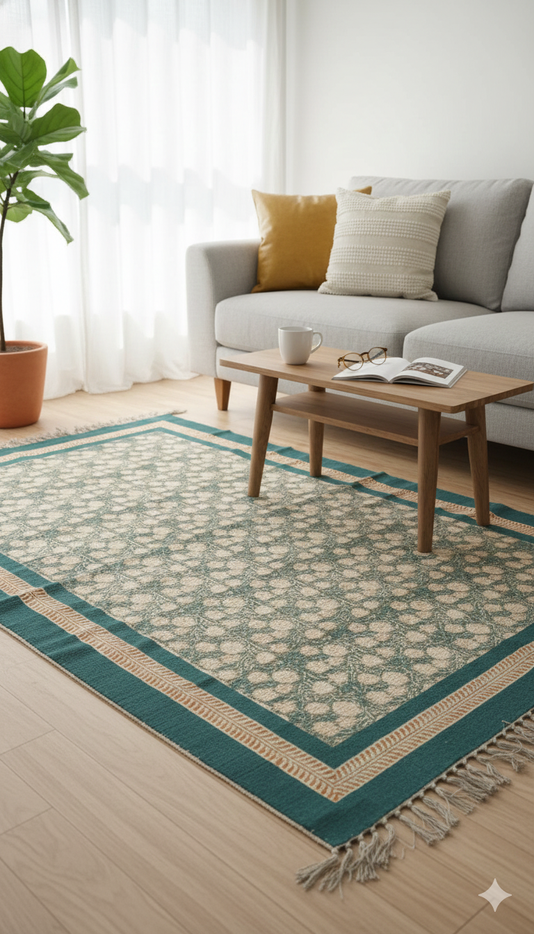 Sage Green Cotton Block print with Tassels and fringed edges Rug - SanskrutiHomes