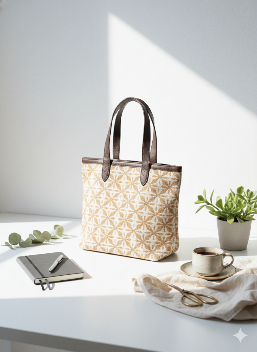 Orange Geometric Print Cotton Tote Bag for Women