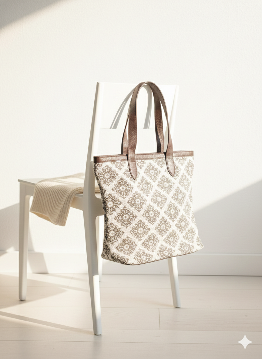 Brown Floral Print Cotton Tote Bag For Women