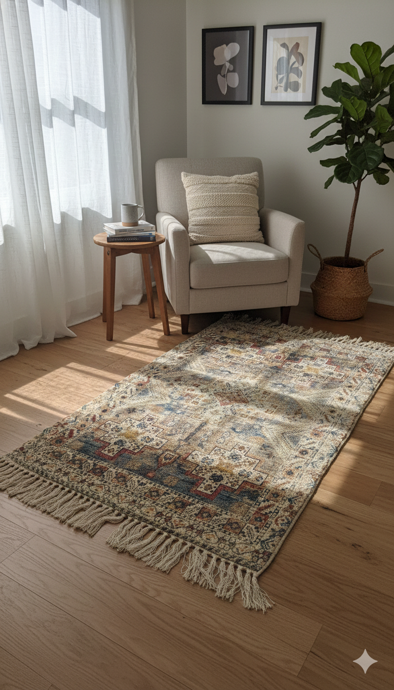 Beige Geometric Cotton Woven Digital Print Polyester Fringed Edges Rug