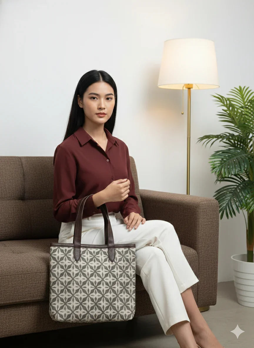 Coffee Brown Geometric Print With brown Shoulder Straps Cotton Tote Bag for Women - SanskrutiHomes