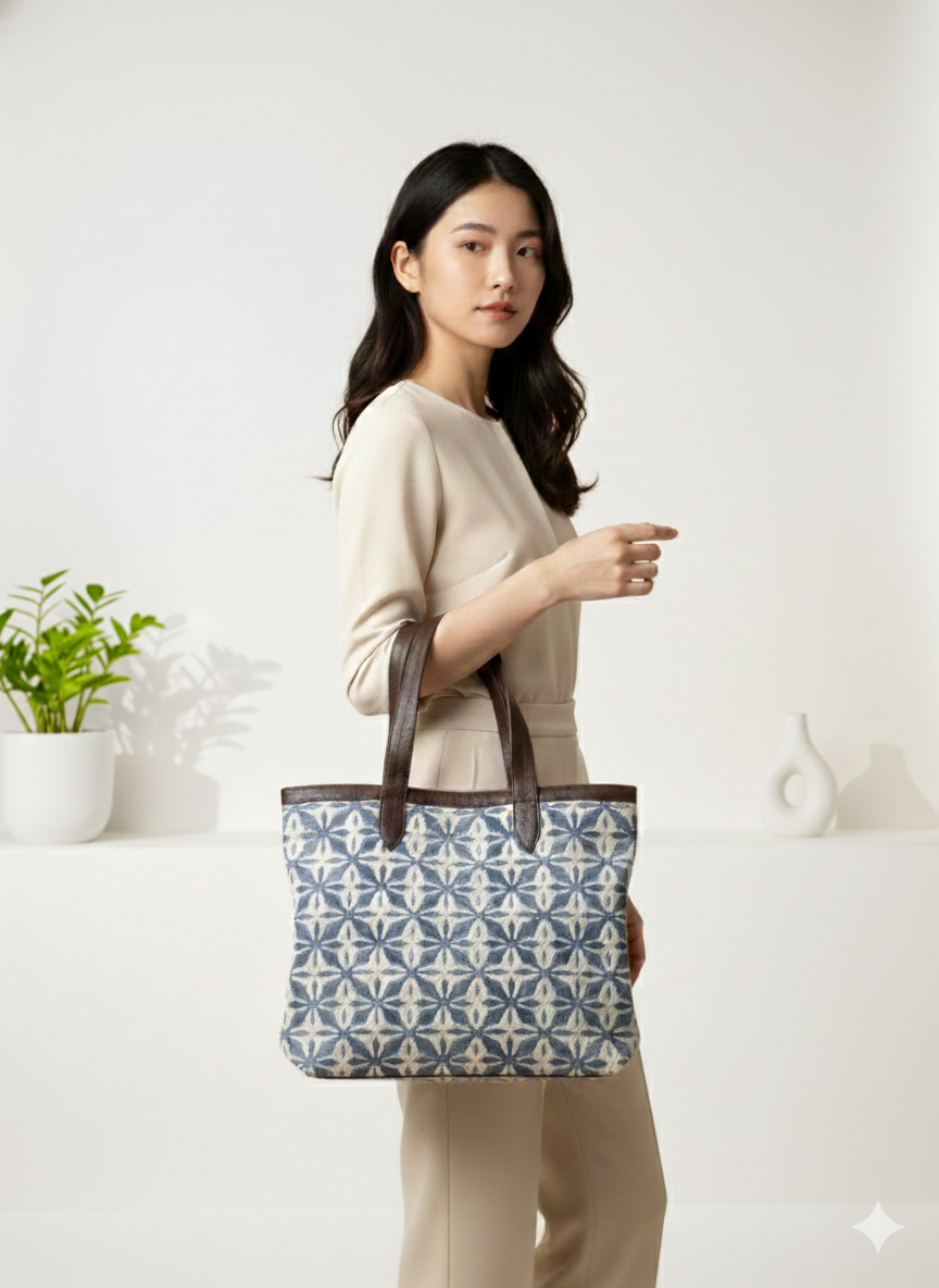 Blue Geometric floral Print Cotton Tote Bag for Women - SanskrutiHomes