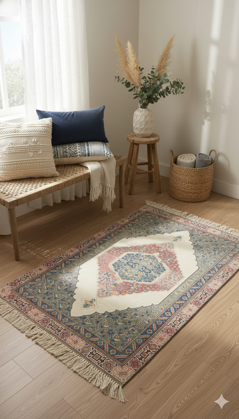Multi Color Cotton Digital Print Stripe with Tassels and fringed edges Rug