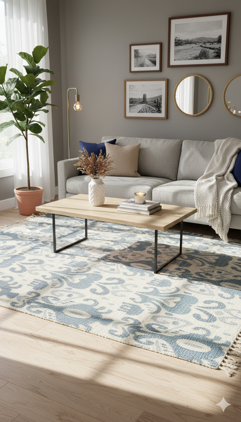 Off White & Slate Blue Geometric Cotton Woven Area with Fringed Edges Rug - SanskrutiHomes
