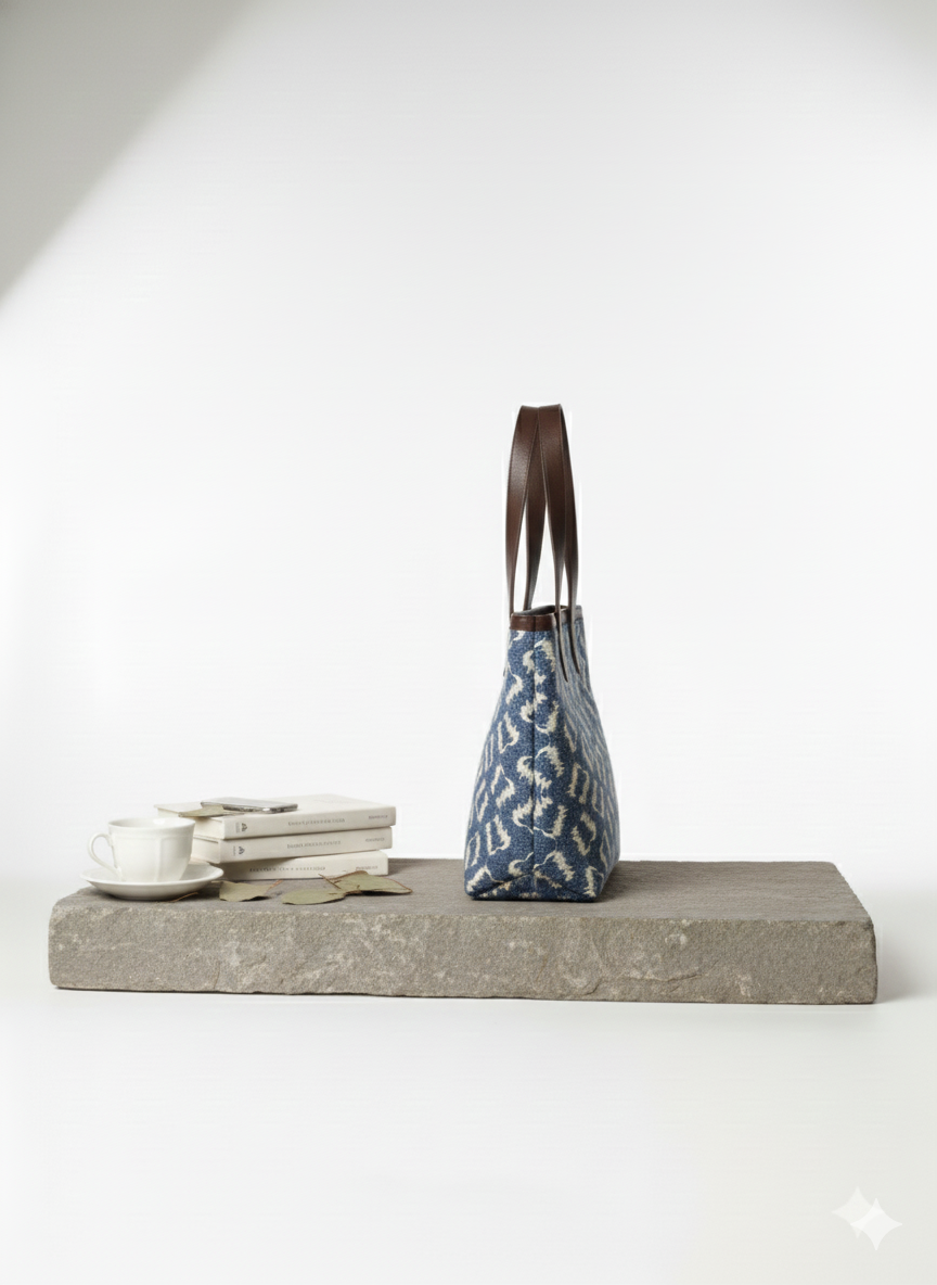 Blue Geometric Print with Brown Handle Cotton Tote Bag for Women