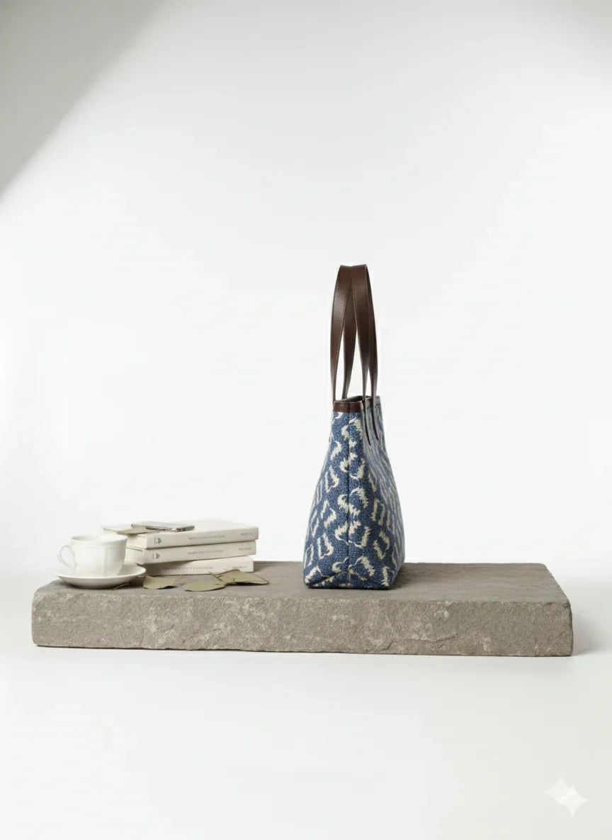 Blue Geometric Print with Brown Handle Cotton Tote Bag for Women - SanskrutiHomes