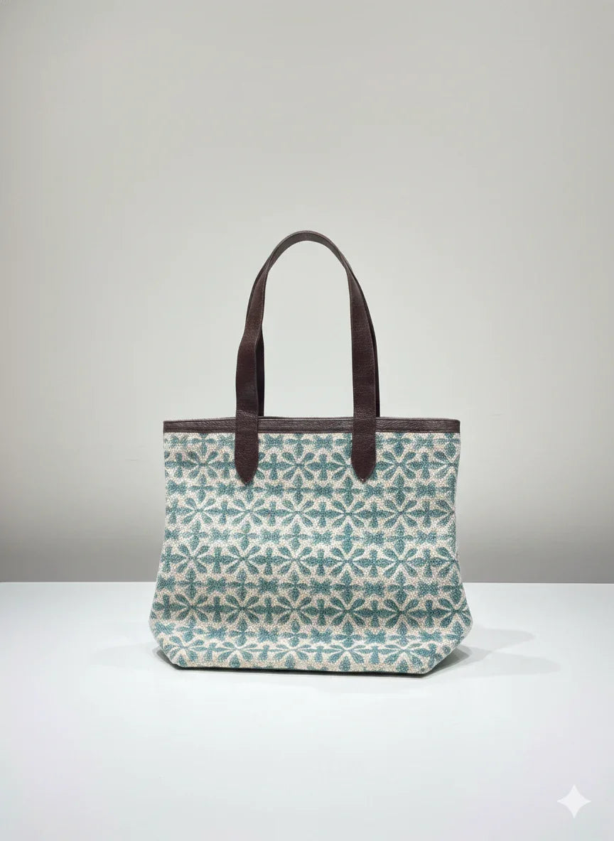 Sea Green Geometric print with Brown Shoulder Strap Tote Bag for Women - SanskrutiHomes