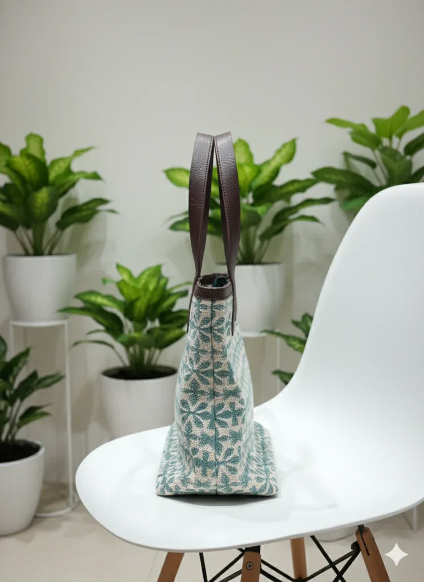Sea Green Geometric print with Brown Shoulder Strap Tote Bag for Women - SanskrutiHomes