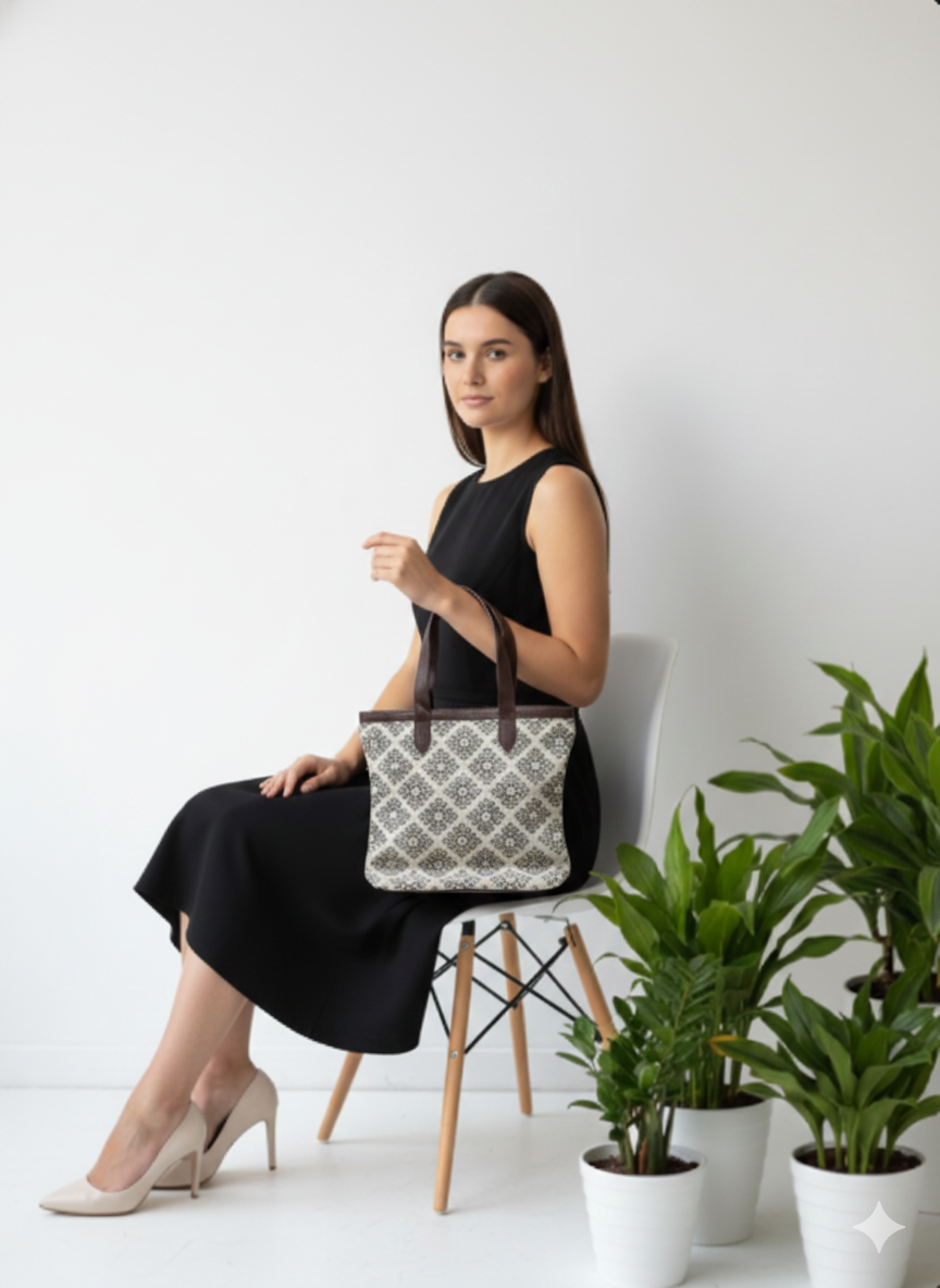 Brown Floral Print Cotton Tote Bag For Women