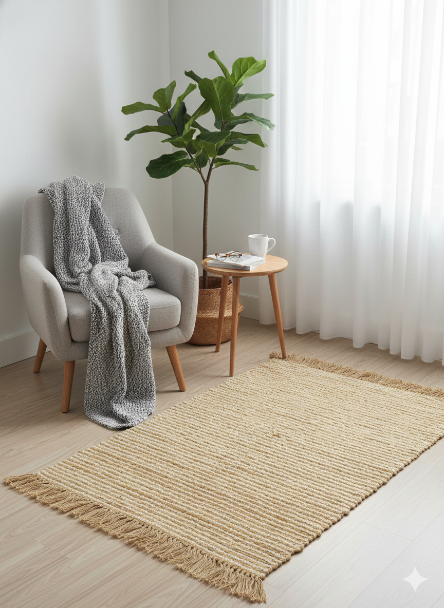 Beige Stripes Print Cotton and Jute Woven fringed edges Rug - SanskrutiHomes