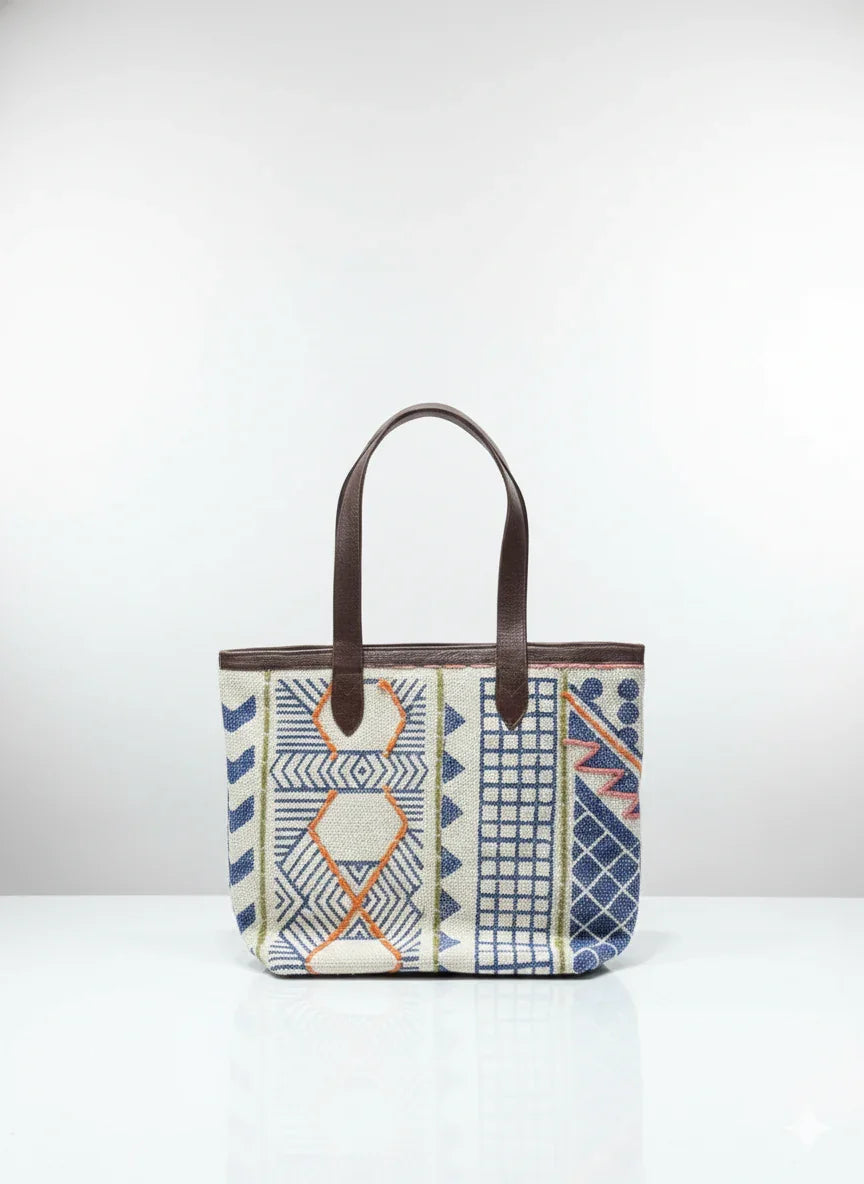 White Geometric Print Cotton Tote Bag with Brown Shoulder Straps for Women - SanskrutiHomes