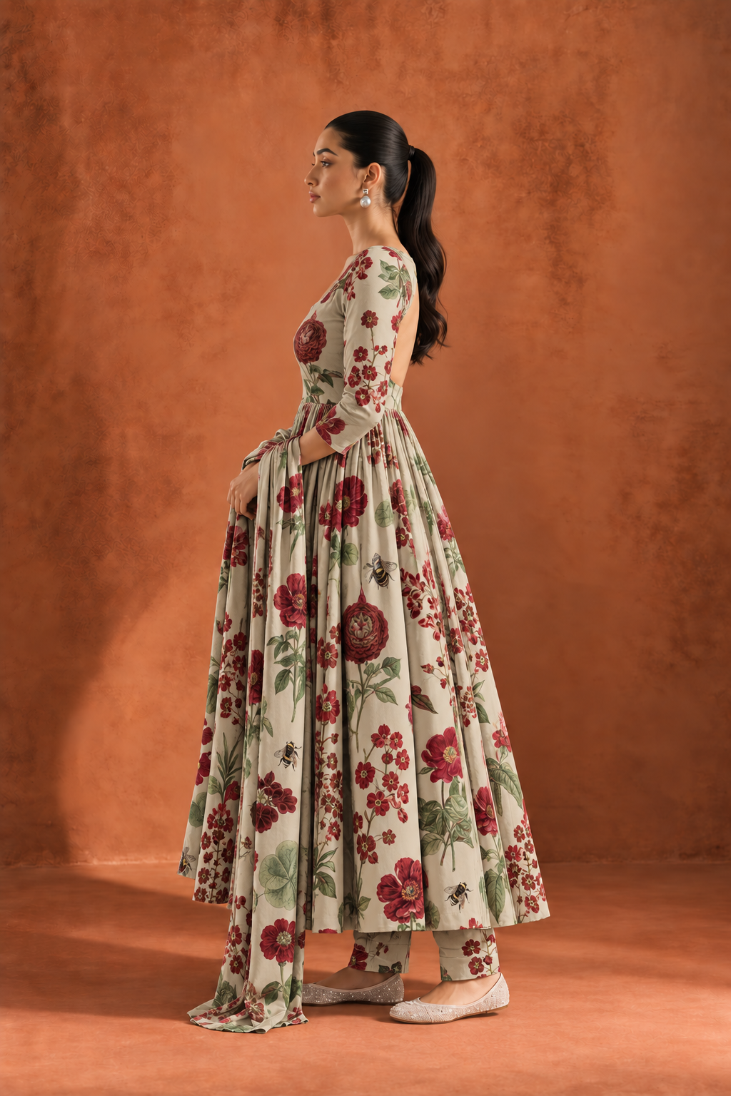 White & Red Round Neck Floral Print Anarkali Kurta Set For Women