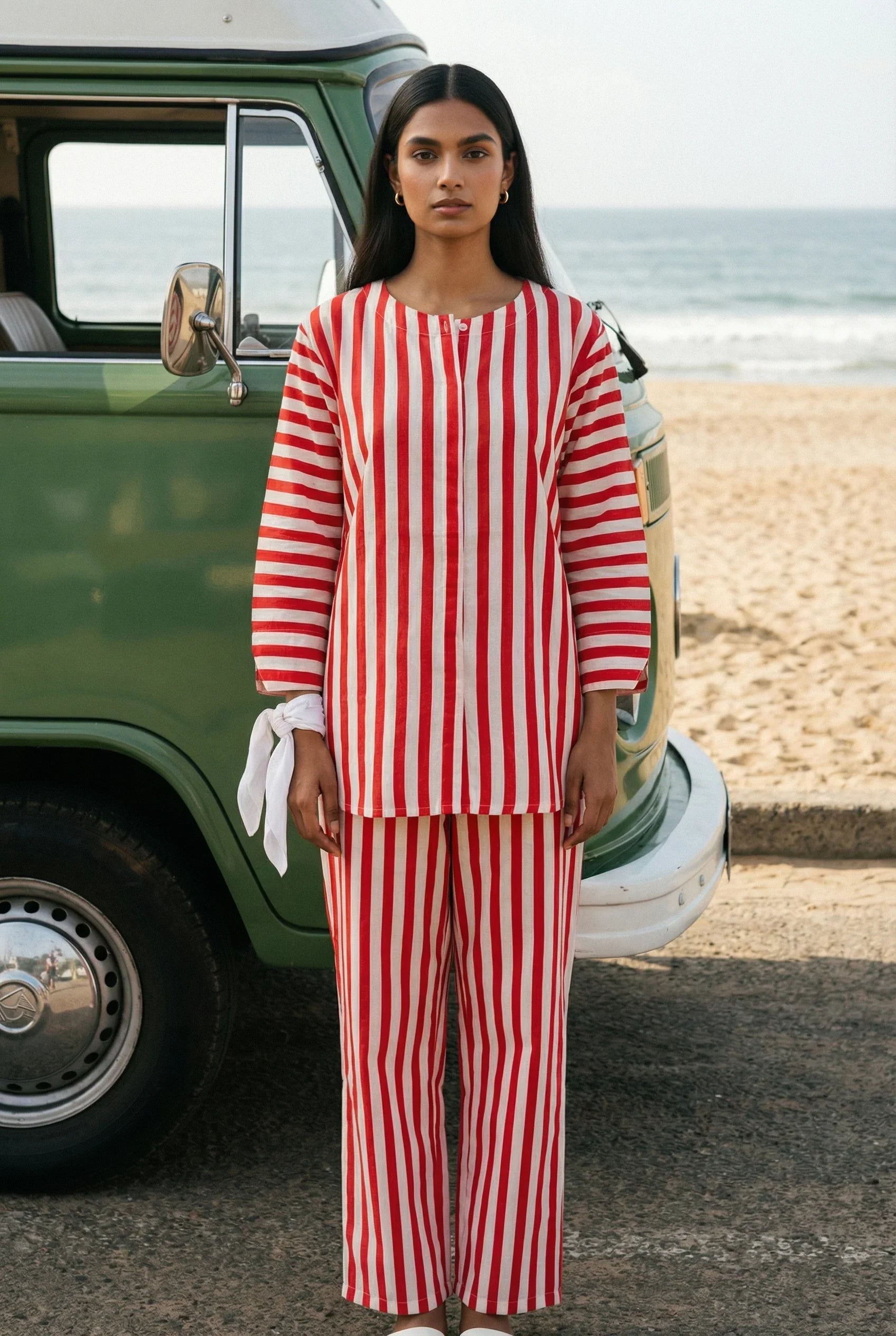 Red & White Striped Round Neck Pure Cotton Night Suit Set For Women