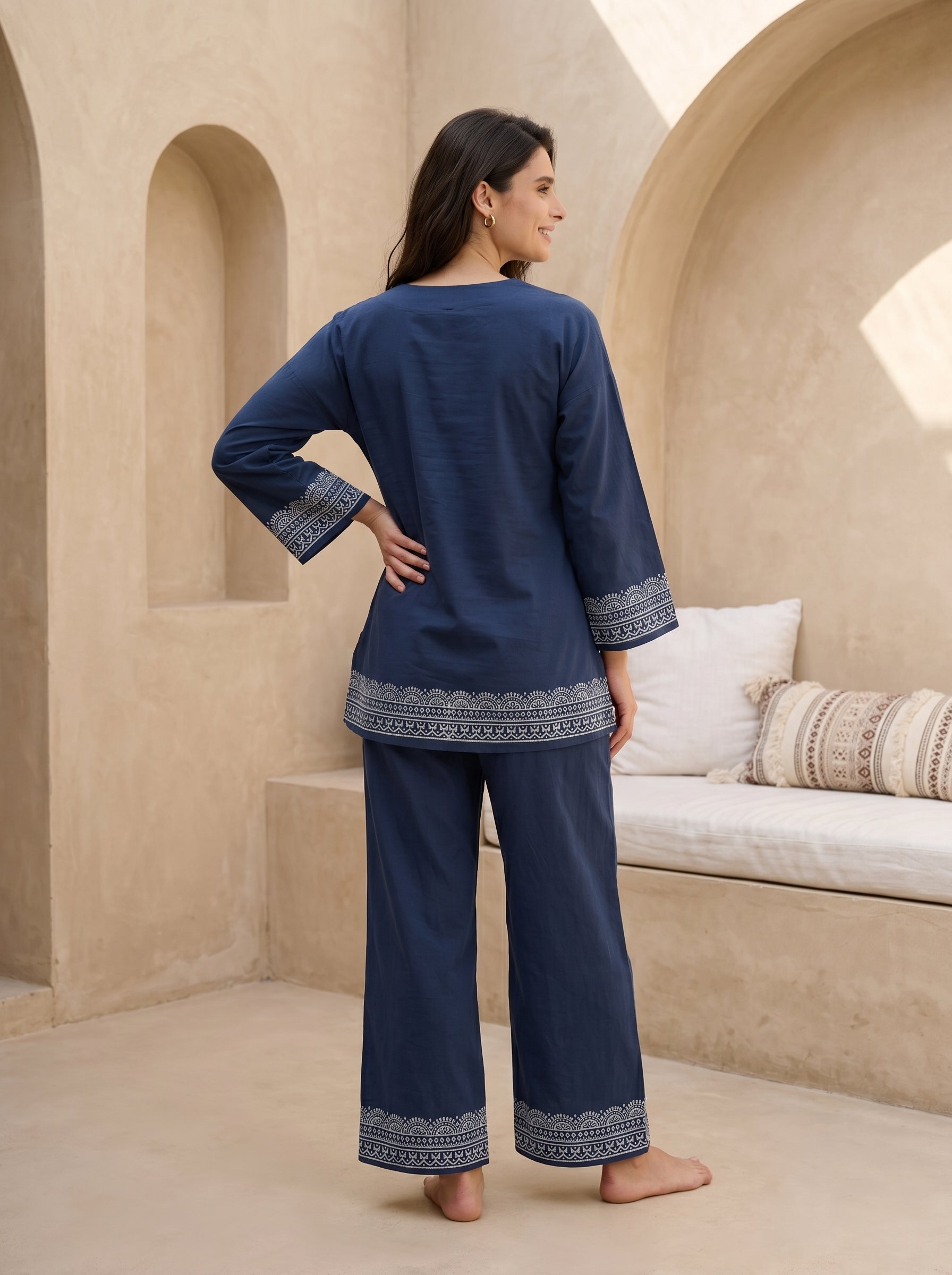 Blue V-Neck Floral Pure Cotton Night Suit For Women