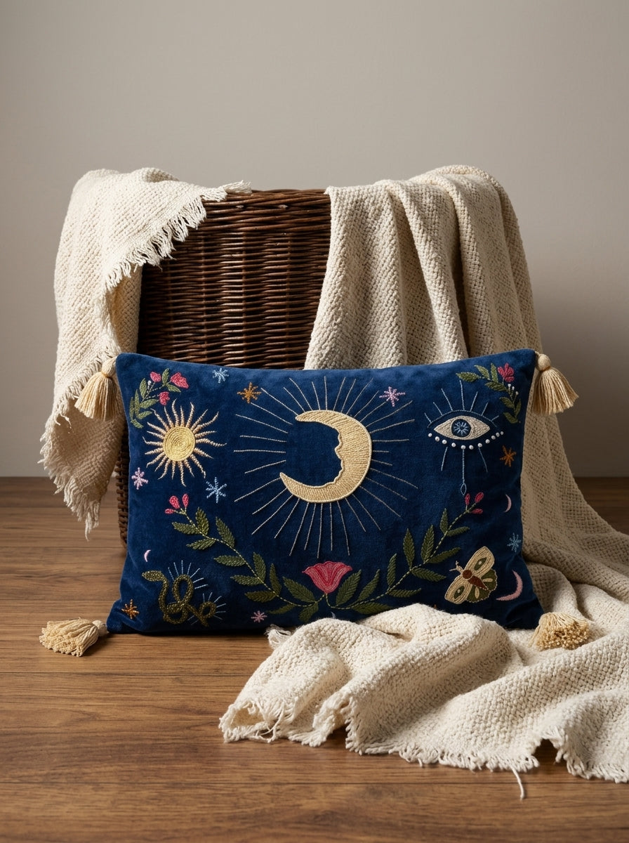 Navy Blue Velvet Rectangle Moon & Sun Embroidered Cushion Cover