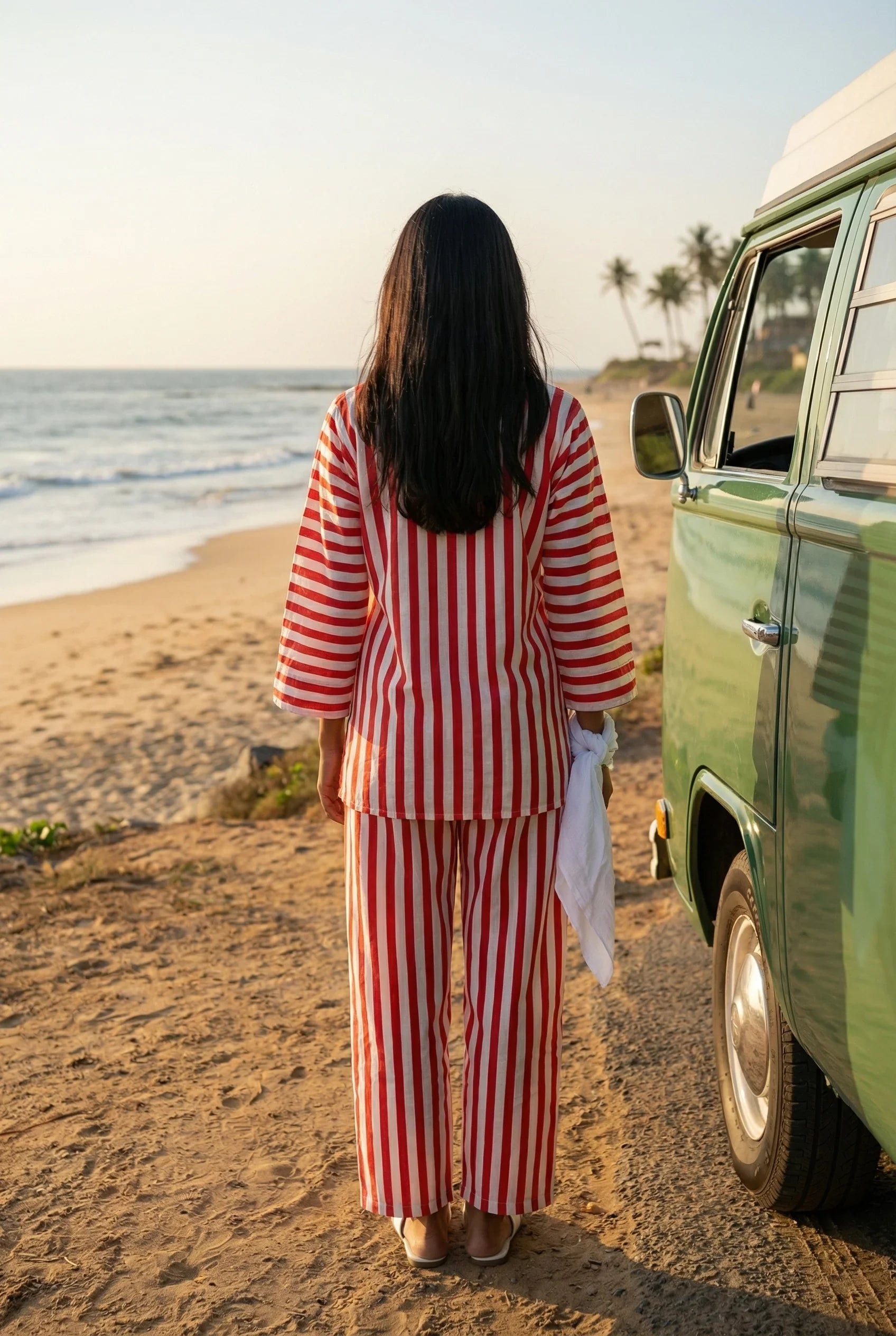 Red & White Striped Round Neck Pure Cotton Night Suit Set For Women