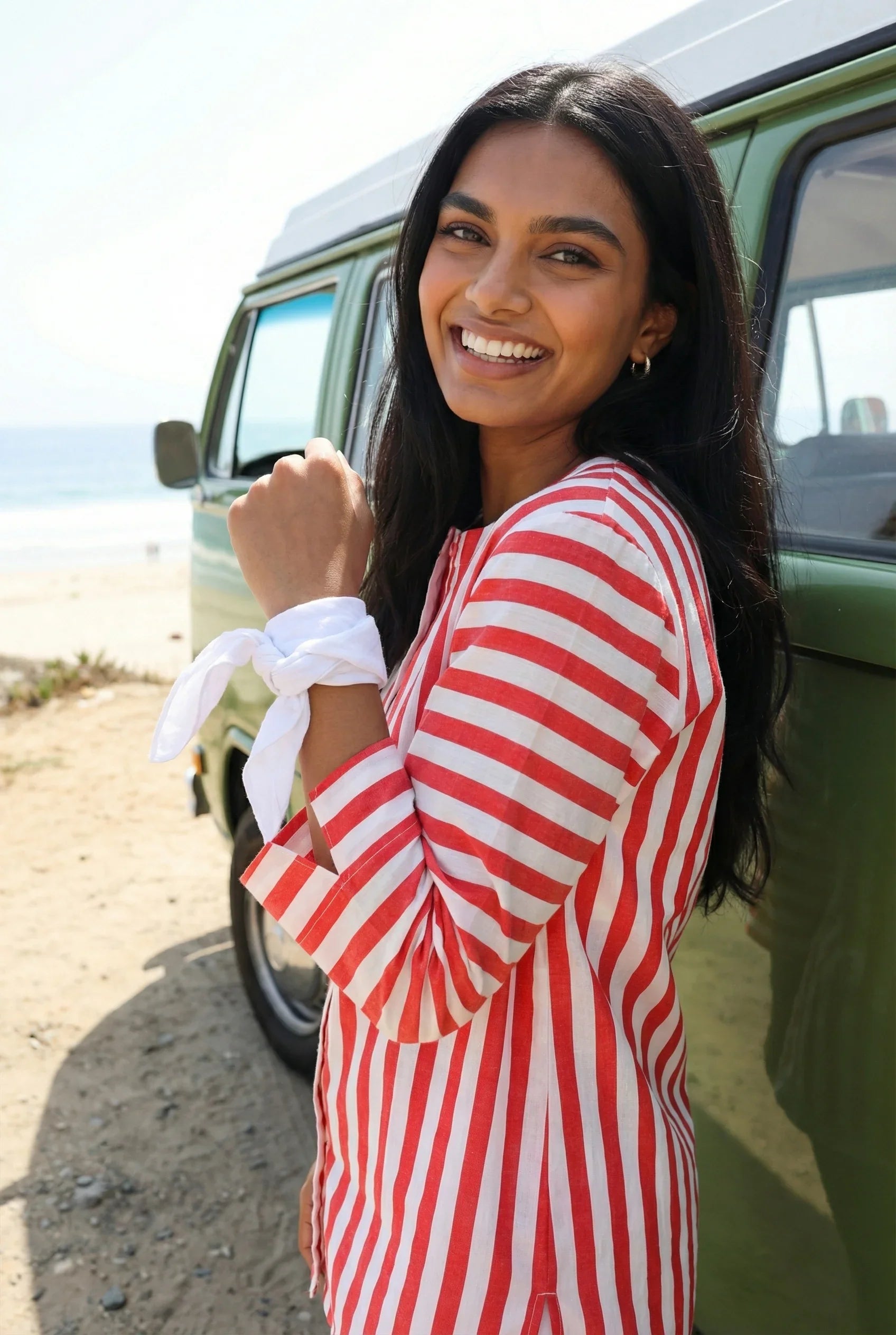 Red & White Striped Round Neck Pure Cotton Night Suit Set For Women