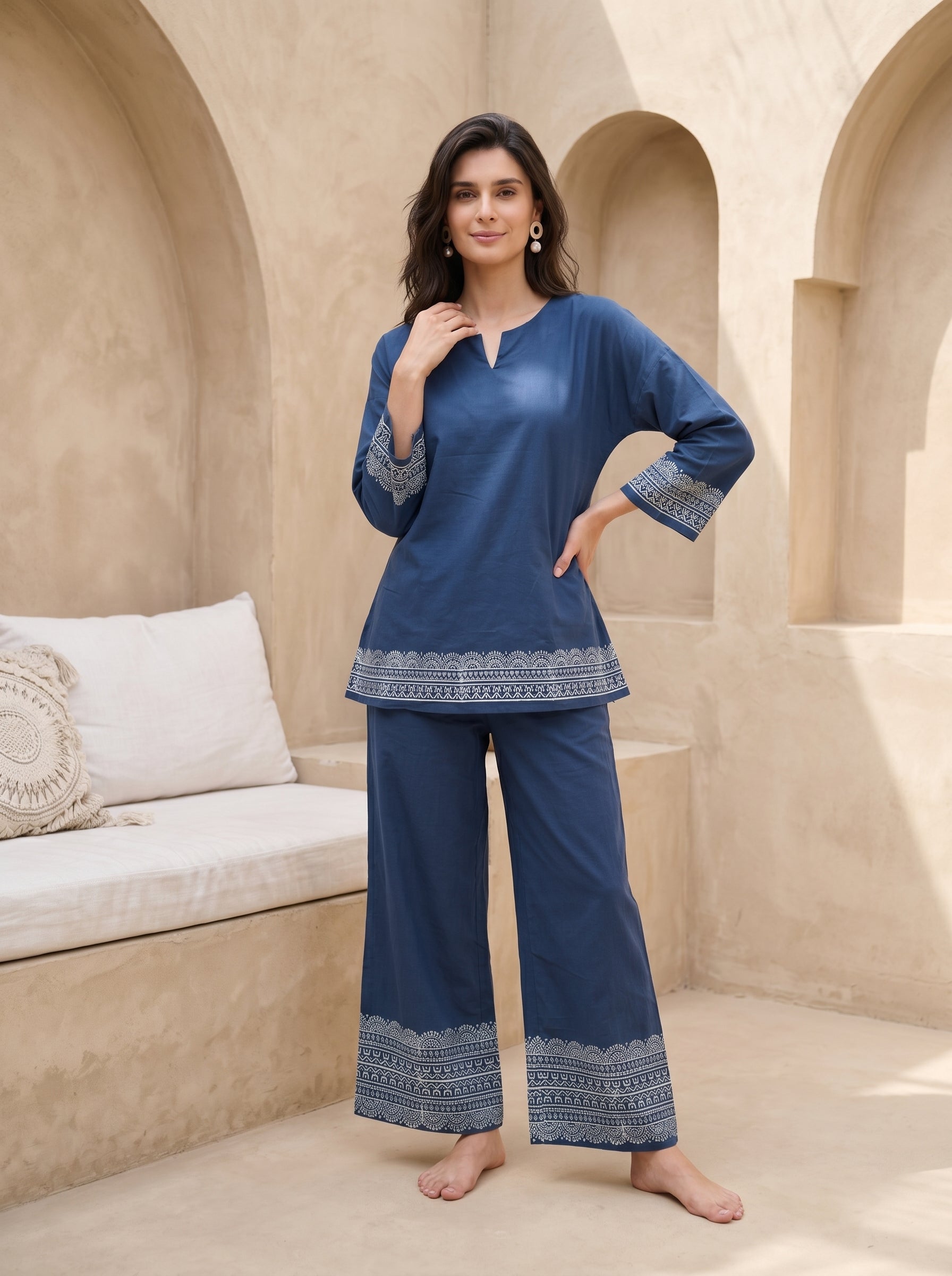 Blue V-Neck Floral Pure Cotton Night Suit For Women