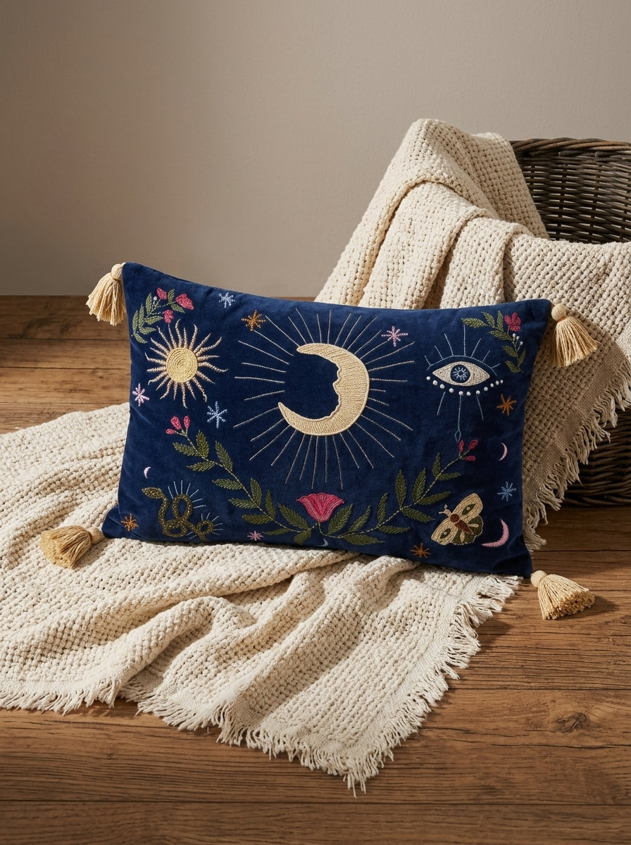 Navy Blue Velvet Rectangle Moon & Sun Embroidered Cushion Cover