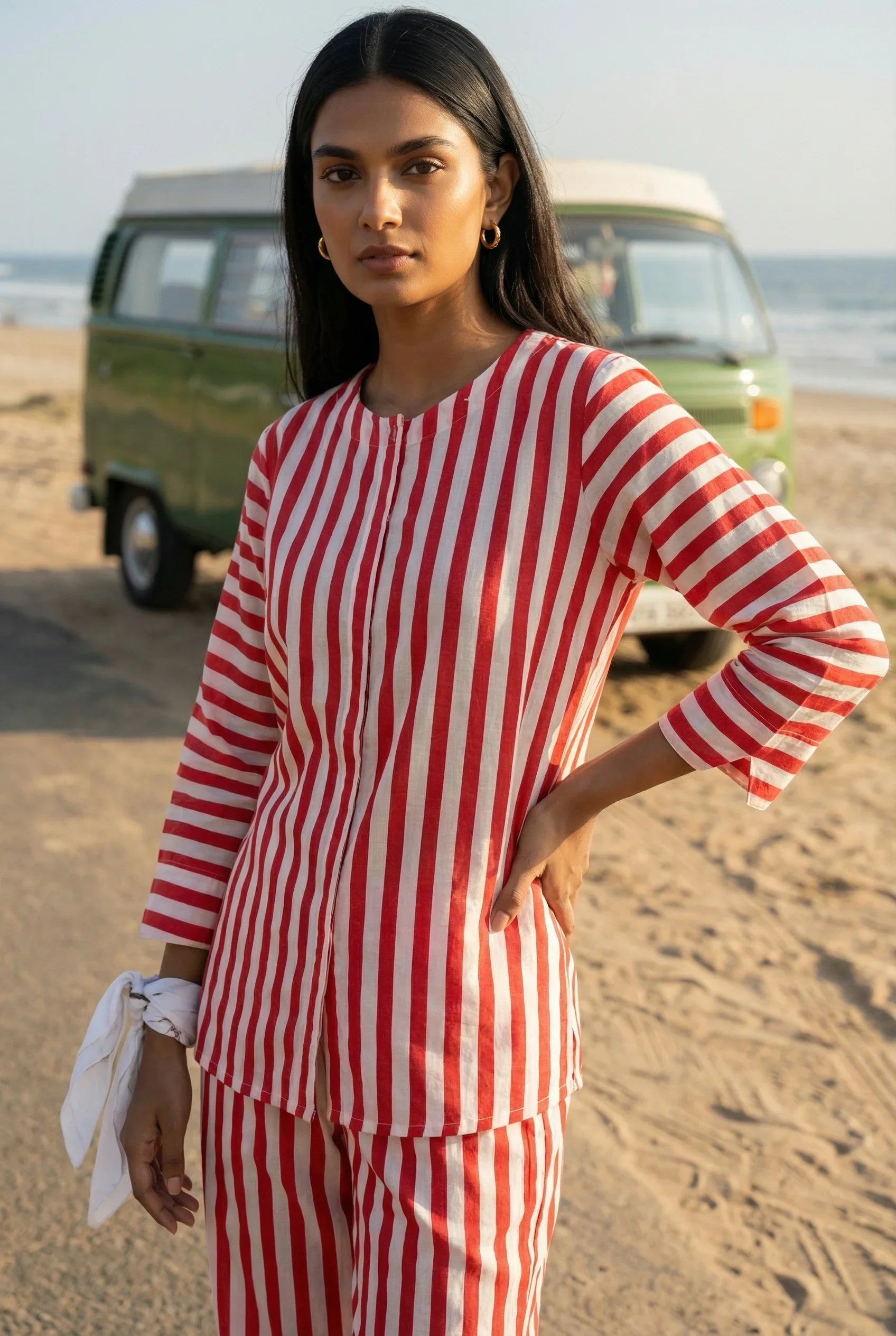 Red & White Striped Round Neck Pure Cotton Night Suit Set For Women
