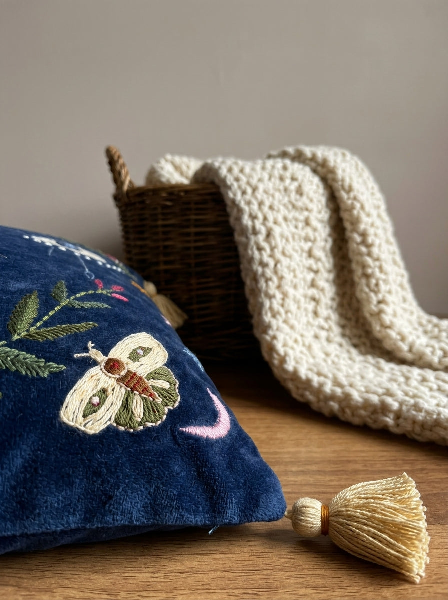 Navy Blue Velvet Rectangle Moon & Sun Embroidered Cushion Cover