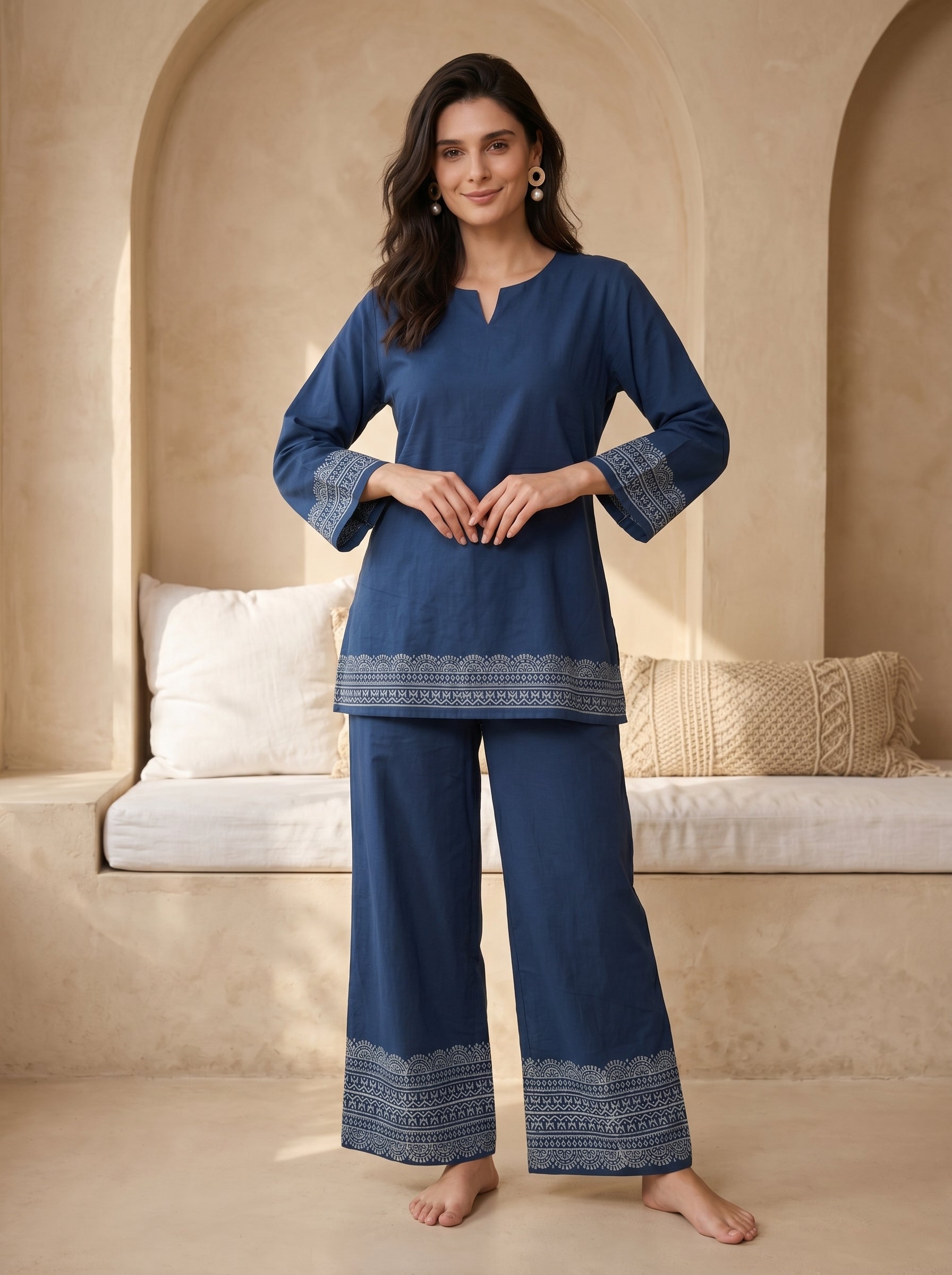 Blue V-Neck Floral Pure Cotton Night Suit For Women