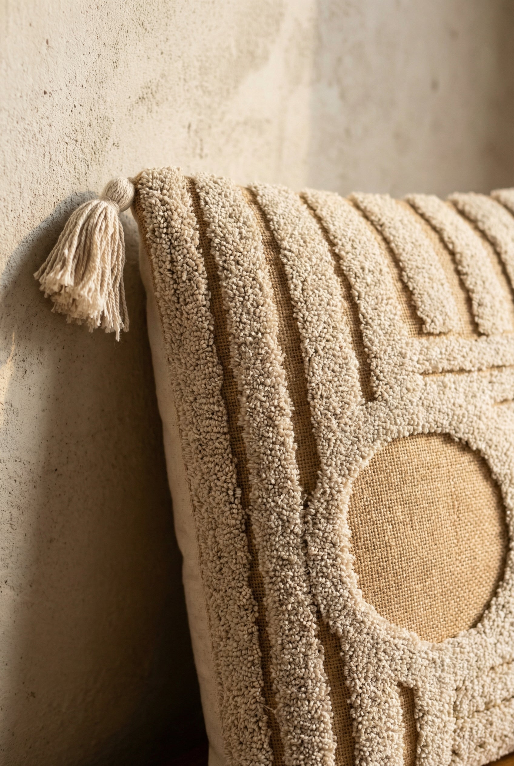 Beige Squared Textured Cotton Cushion Cover With Geometric Tufted Design